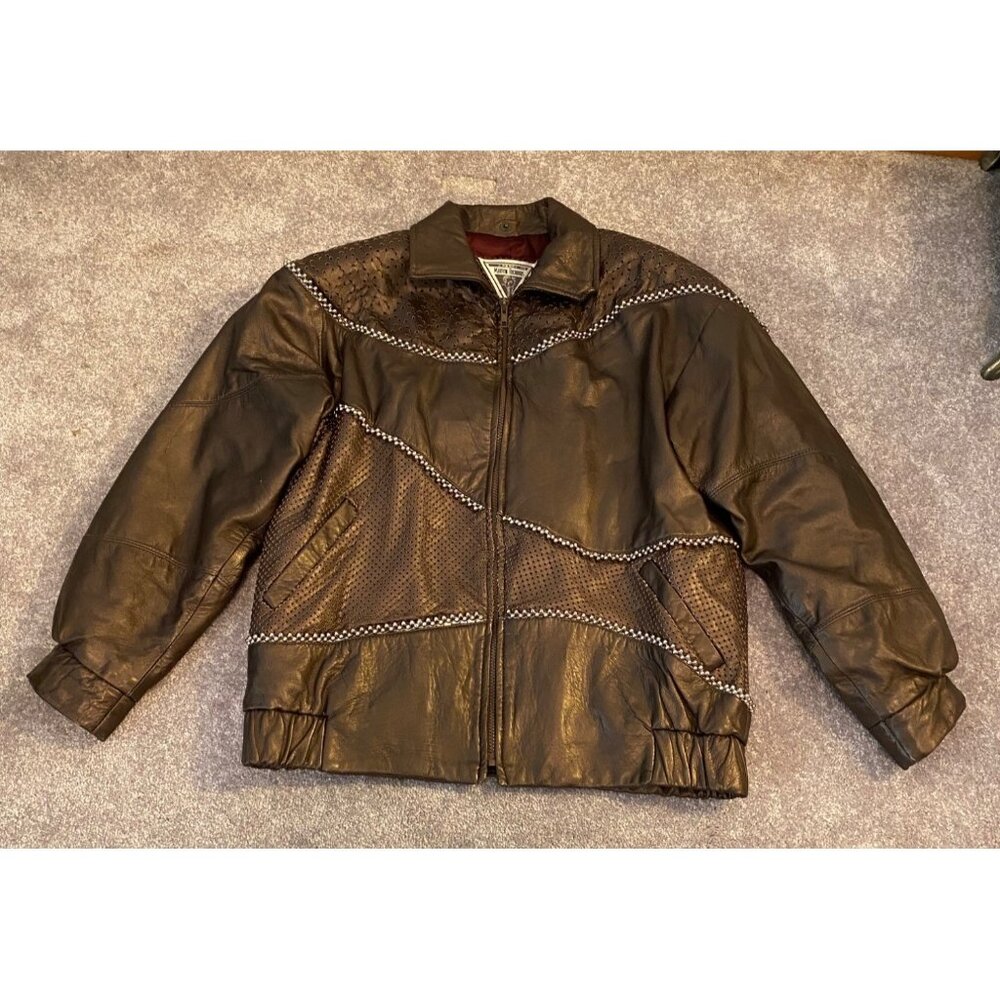 J. Percy Marvin Richards Brown Leather Jacket Perforated Panels Studs Large